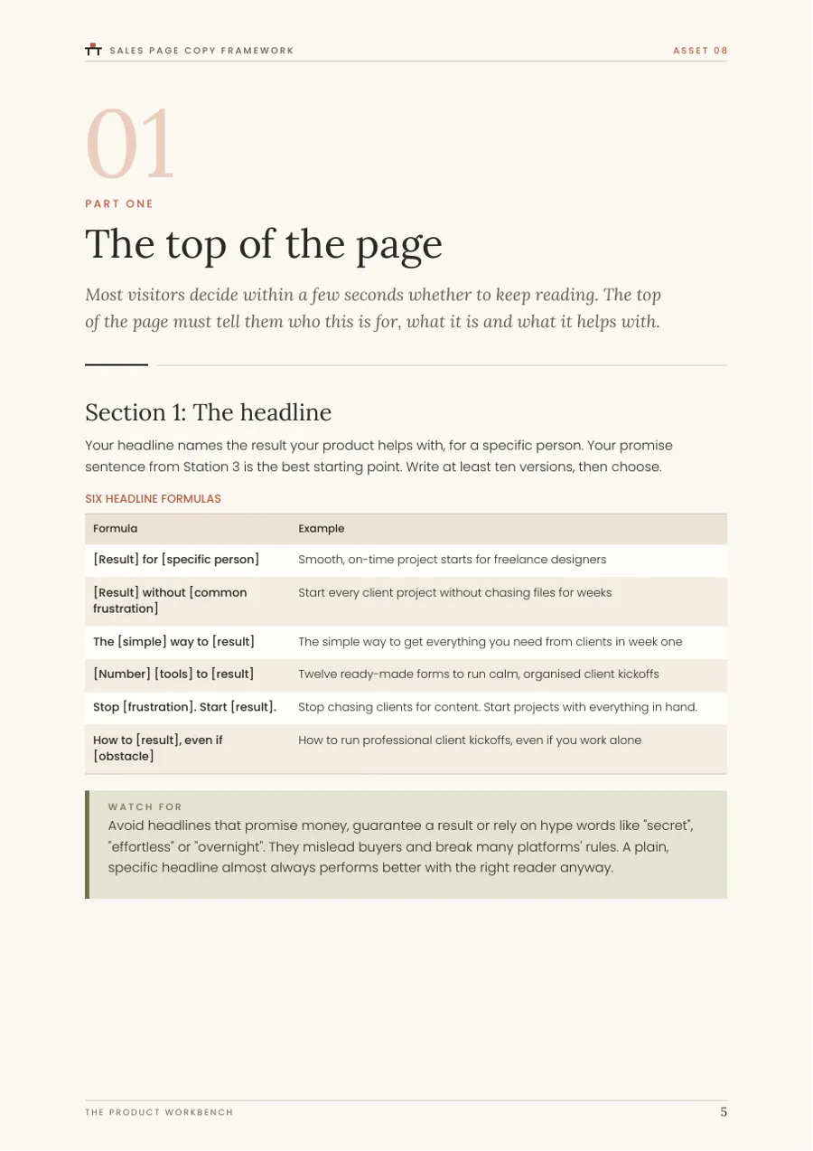 A real page from Sales Page Copy Framework